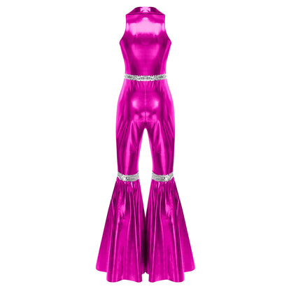 Adult Womens 70s Disco Rompers Lapel V Neck Sleeveless Front Zipper Sequins Bell Bottom Long Pants Jumpsuit Retro Jazz Dancewear