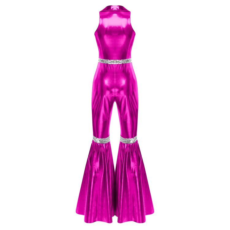 Adult Womens 70s Disco Rompers Lapel V Neck Sleeveless Front Zipper Sequins Bell Bottom Long Pants Jumpsuit Retro Jazz Dancewear