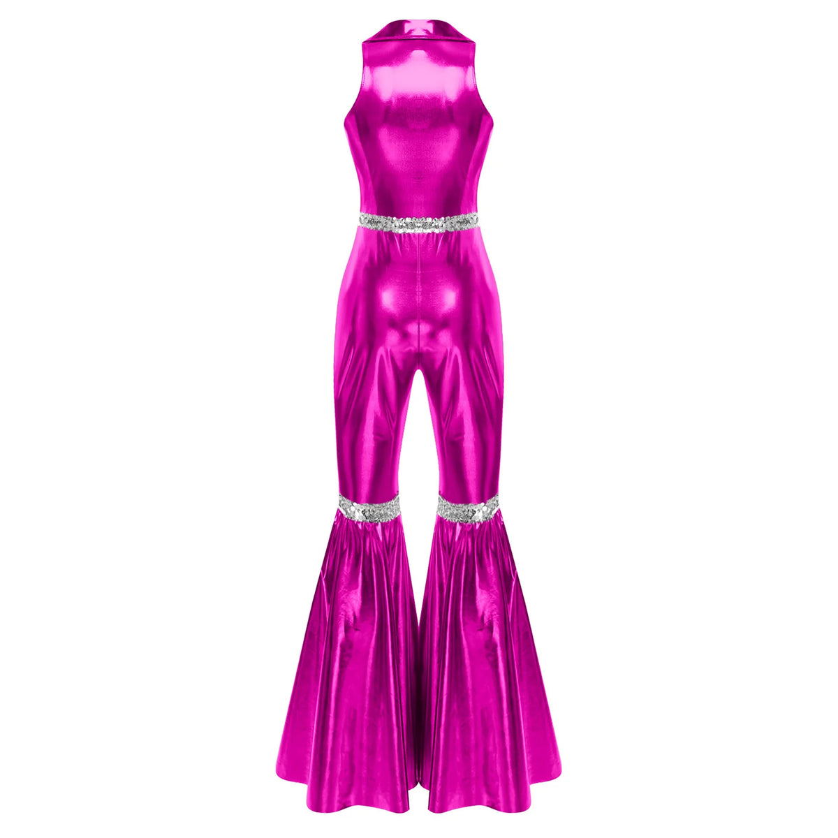 Women Vintage One Piece 70s Disco Dance Rompers Sleeveless Metallic Bell Bottom Flared Pants Jumpsuit for Retro Party Jazz Dance