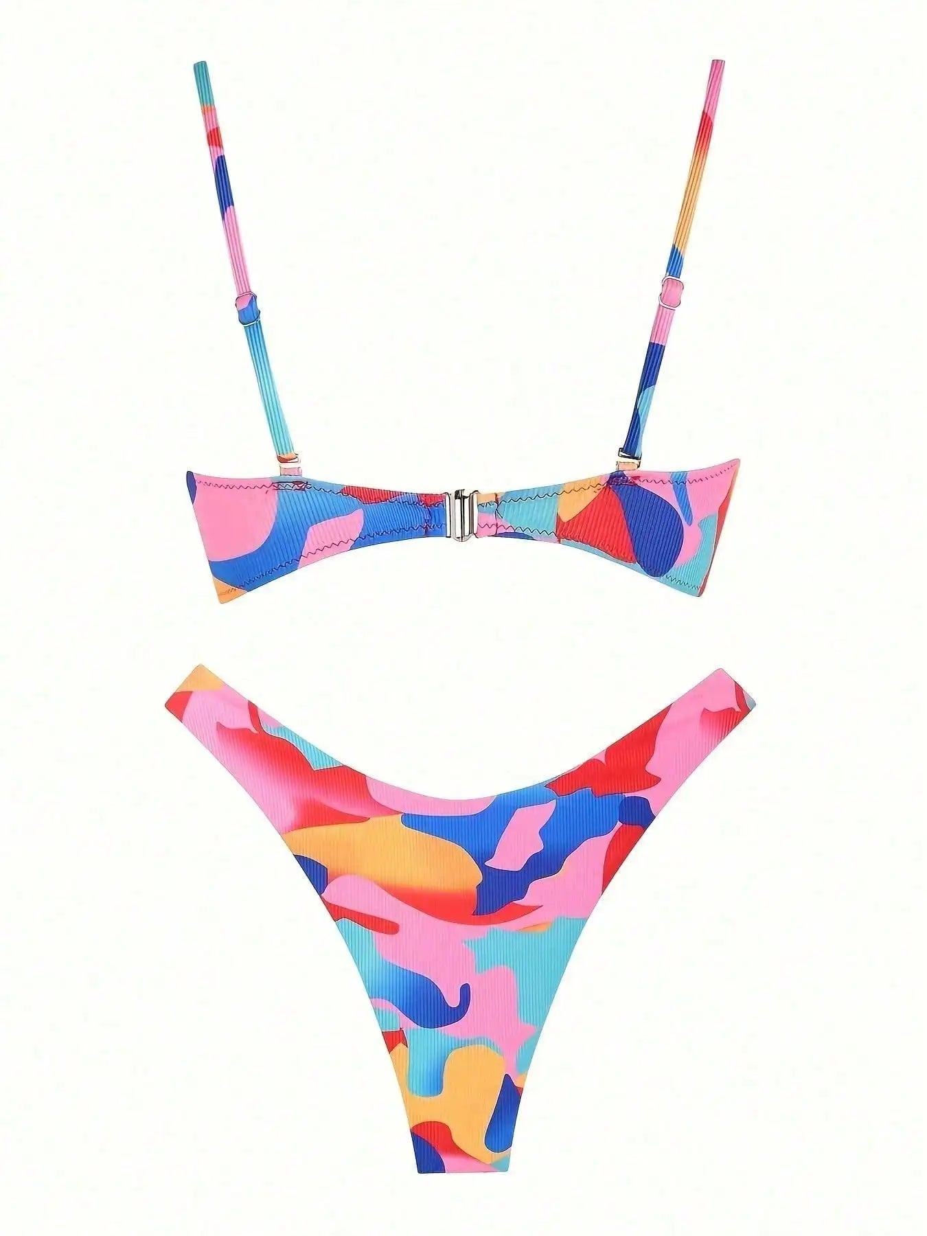 2026 New Colorful Camo Ribbed Bikini Set, Scallop Trim Deep V Bandeau Top Adjustable Thin Strap High Cut Bathing Suit