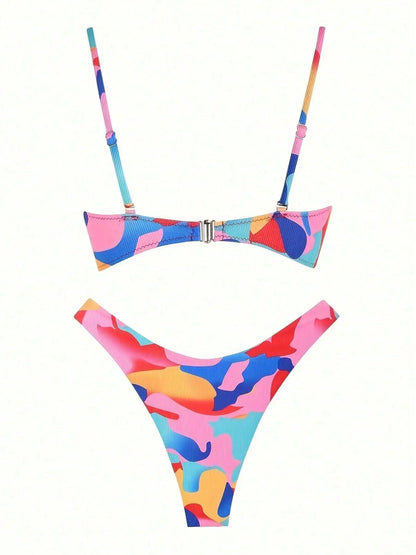 2026 New Colorful Camo Ribbed Bikini Set, Scallop Trim Deep V Bandeau Top Adjustable Thin Strap High Cut Bathing Suit
