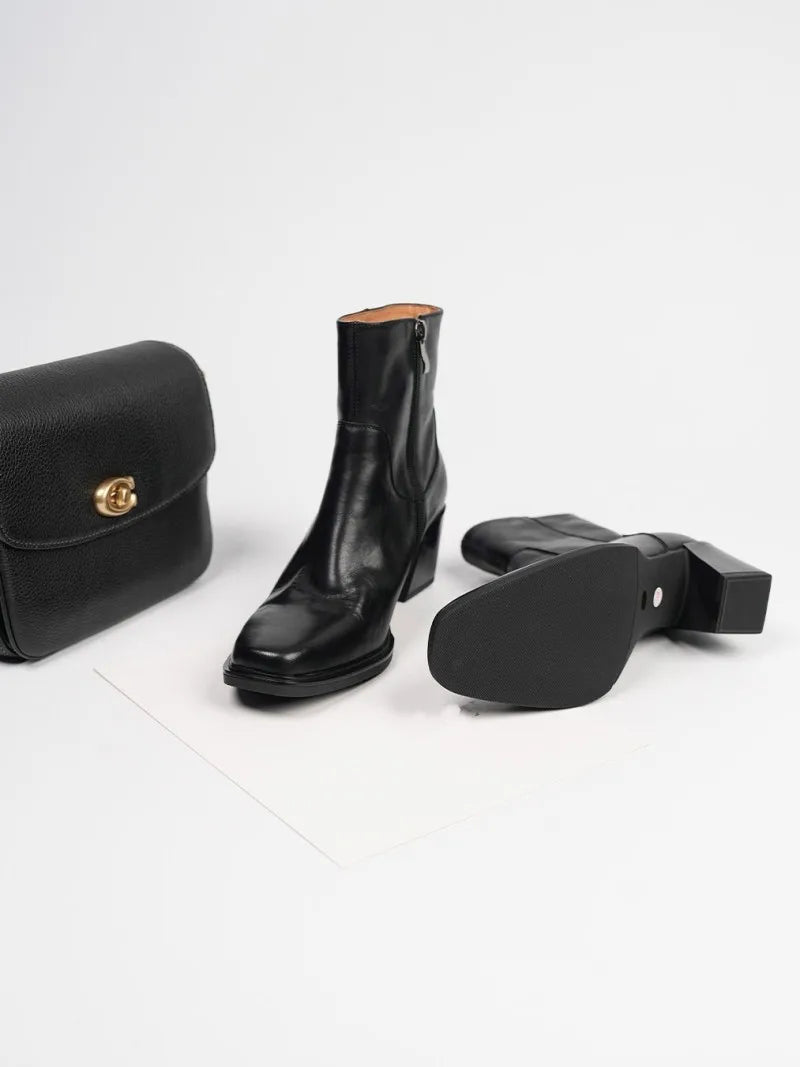 Elegant Office Ladies Chunky Heels Genuine Leather Short Boots Square Toe New Designer Shoes Women Vintage Cowhide Ankle Boots