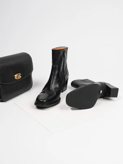 Elegant Office Ladies Chunky Heels Genuine Leather Short Boots Square Toe New Designer Shoes Women Vintage Cowhide Ankle Boots
