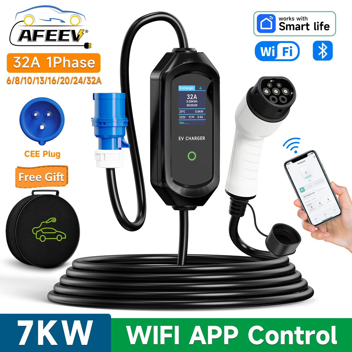 AFEEV Type 2 Portable EV Charger 7KW 32A 1Phase Wallbox Type1/GBT EVSE Fast Charging Cable CEE Plug APP Bluetooth Control