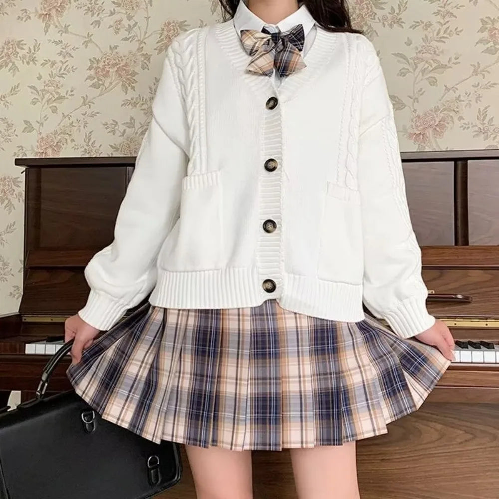 School Autumn Winter Lazy Style Japanese JK Knit Cardigan Loose College Sweater Plaid Skirt Matching Set For Campus Daily Class