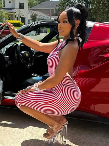 Weird Puss Stripe Print Playsuit Women Sleeveless Backless Halter Bandage Skinny Sexy Clubwear Activity Fitness Workout Romper