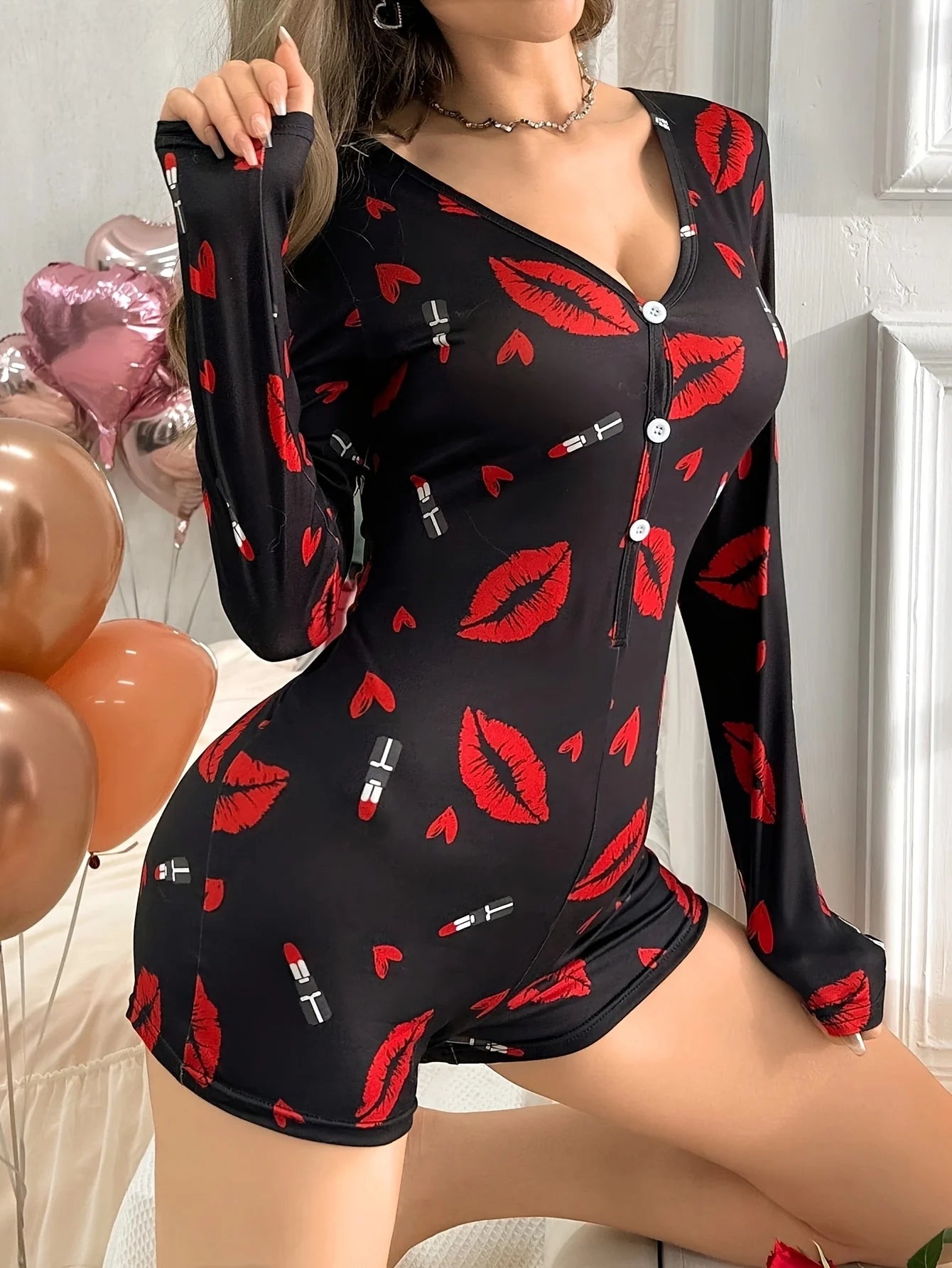 Onesies Women's Sexy Bodysuit Casual Red Lips Print V-neck Front Button Long Sleeve Jumpsuit Pajamas Sleepwear Lounge