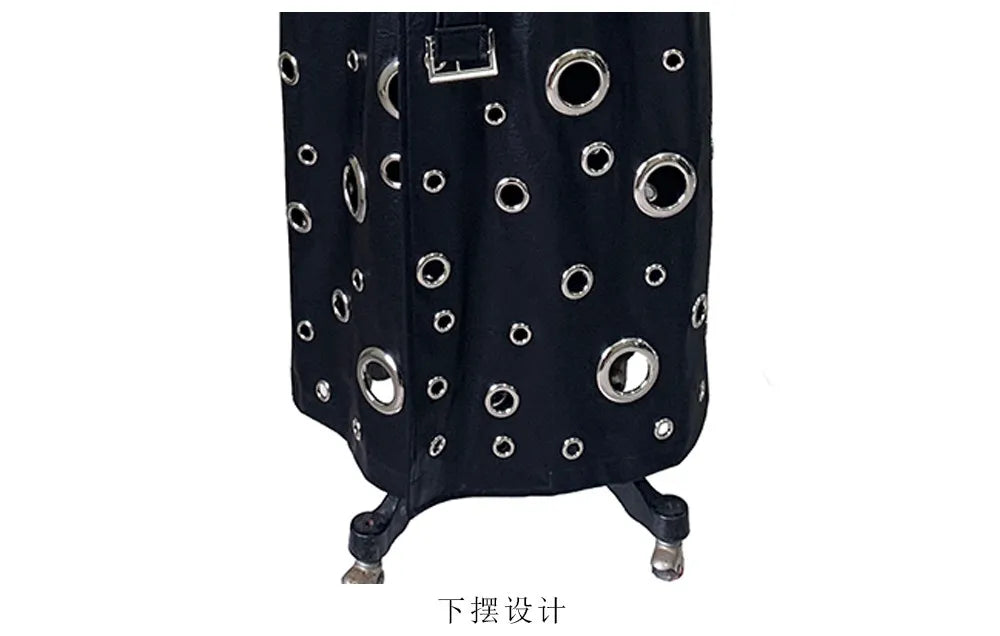 Nerazzurri Autumn Oversized Extra Long Pu Leather Trench Coat for Women Holes Hollow Out Luxury Designer Emo Streetwear Overcoat