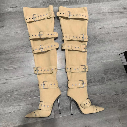 New Women Denim Metal Rivet Buckle Sandals Women Sexy Punk Style Pointed Hollow Metal 11cm High Heel Knee High Boots Size34-43
