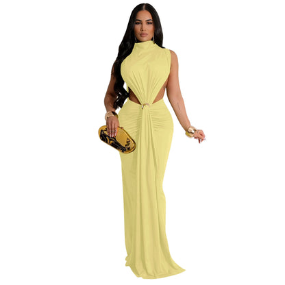 CM.YAYA Women O-neck High Split Ruched Stacked Bodycon Midi Maxi Dress 2024 Evening Party Club Vestidos Sexy Chic Long Dresses