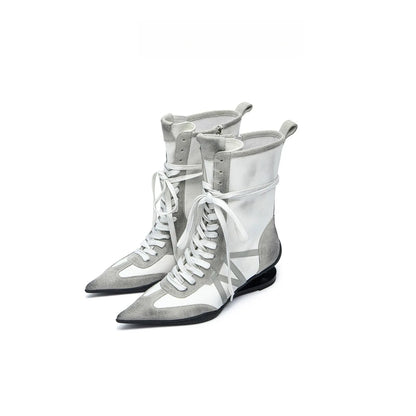 Fashion Strange Heel Women Knight Boots Pointed Toe Retro High Heel Ankle Booties Female Cross-tied Street Style Comfort Shoes