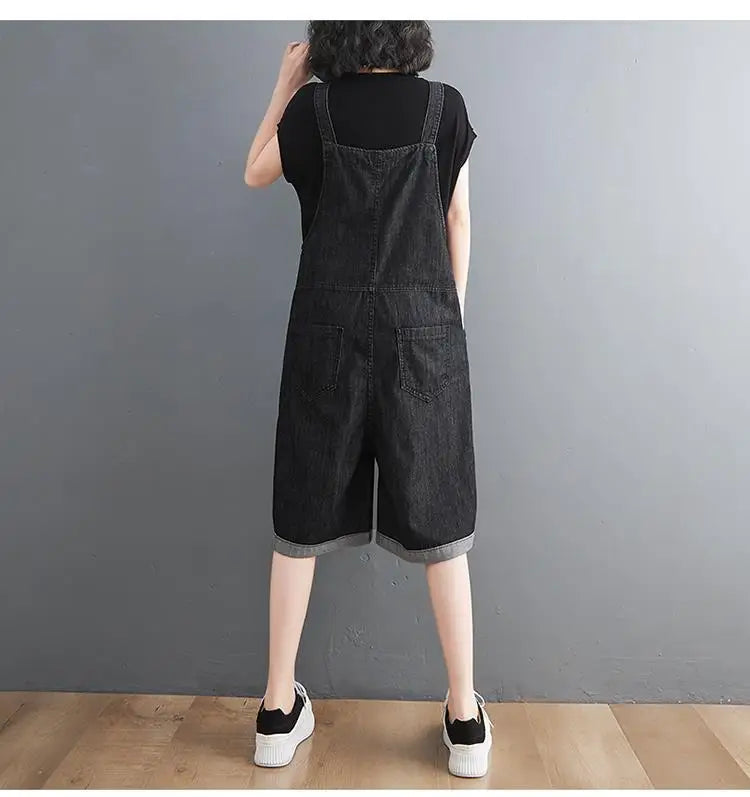 Summer Denim Straps Shorts Jeans Overalls Women Korean Wide Leg Jumpsuits Female Suspender Rompers Casual Conjoined Fifth Pants