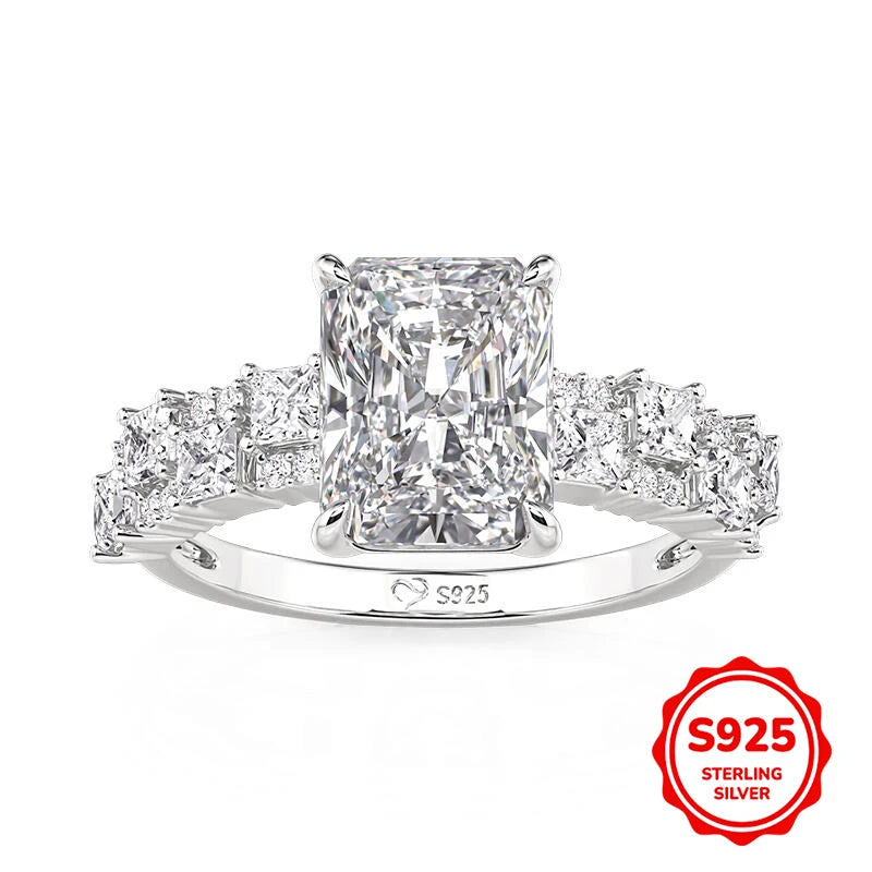 Full Moissanite Engagement Ring with Tapered Baguette Shape Diamond S925 Silver Wedding Rings for Women