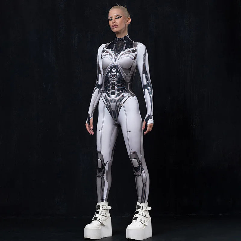3D Printed Cosplay Bodycon Jumpsuits Y2k Techwear Long Sleeve Gothic Punk Playsuits Anime Women Mock Neck Zip Bodysuit