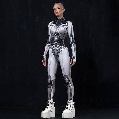 3D Printed Cosplay Bodycon Jumpsuits Y2k Techwear Long Sleeve Gothic Punk Playsuits Anime Women Mock Neck Zip Bodysuit