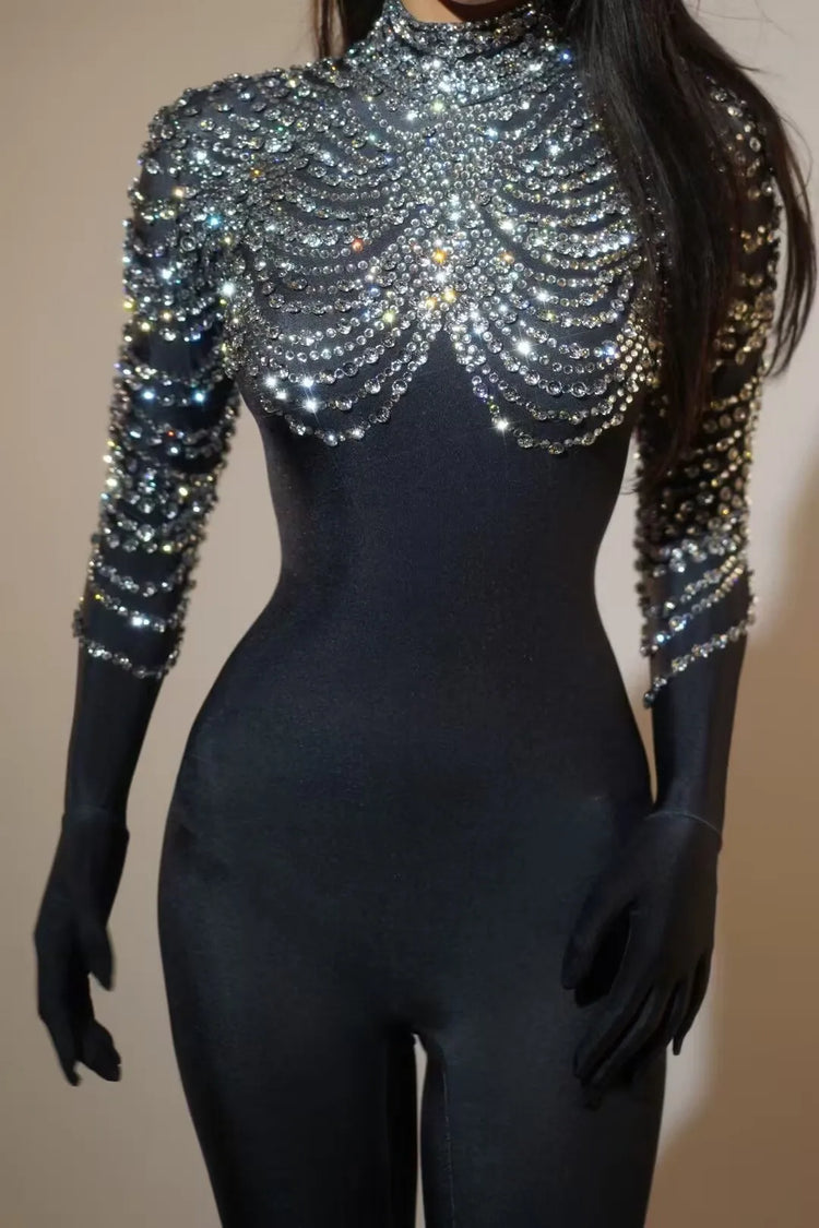 Sexy Full Diamond Long Sleeved Jumpsuit Ballroom Pole Dancer Performance Outfit Fashionable Club Suit Women's Photography