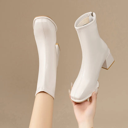 High-quality square-toe platform short boots for ladies, 2025 new fashion trend Wide heel, back zipper, large size women's boots