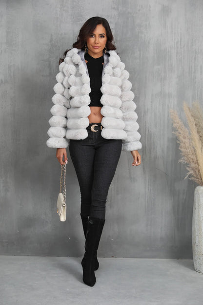 2026 Winter Hooded Plus Size Faux Fur Cropped Coat Women Furry Long Sleeve Plush Jacket Lady Large Fake Fur Warm Fluffy Cardigan