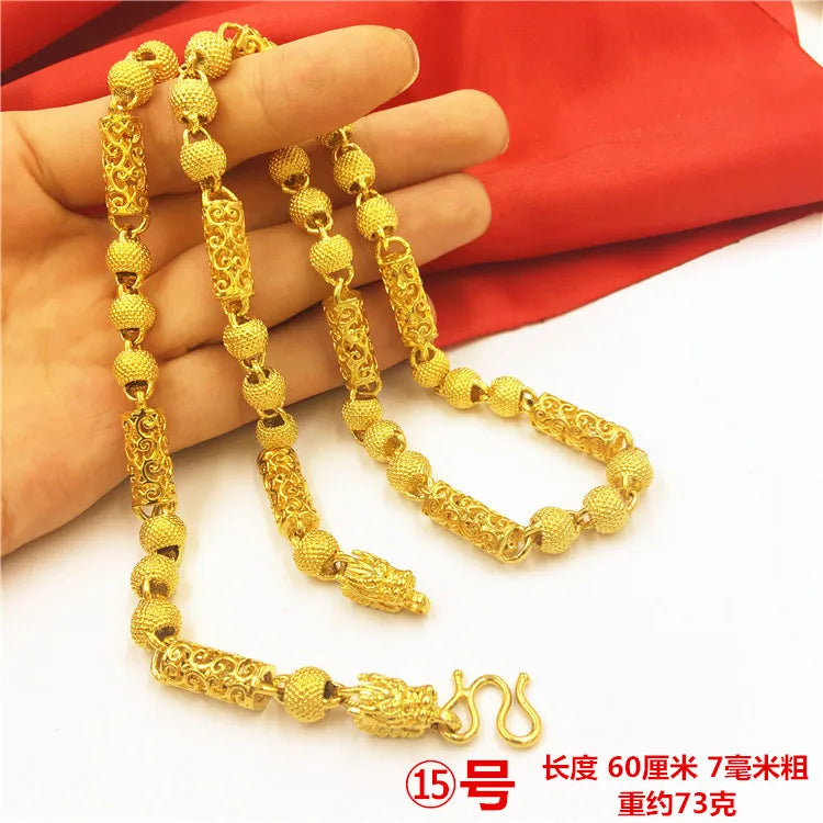 Bold Collection Necklace Men's 24K Gold AU999 - 24K Gold Double Dragon Head Bead, Hexagonal Cloud, Prestige Heirloom