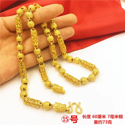 Bold Collection Necklace Men's 24K Gold AU999 - 24K Gold Double Dragon Head Bead, Hexagonal Cloud, Prestige Heirloom