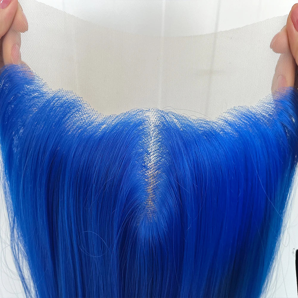 AIMEYA Blue Hair Lace Wig Synthetic Straight Wigs for Women Lace Frontal Wig Natural Hairline Cosplay Party Wigs Heat Resistant
