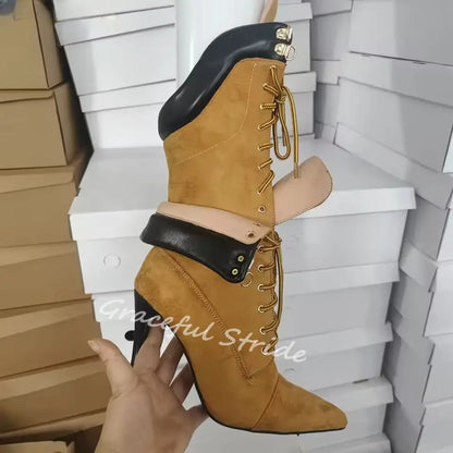 2026 Winter Brown Patchwork Boots Double Lace-Up Pointed Toe Stiletto Heel Fashion Novelty Boots Knee High Suede Women Boots