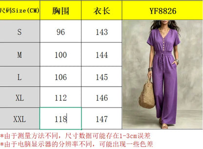 Elegant Women V-neck Buttons Jumpsuits summer solid short sleeve Drawstring wide leg Jumpsuit casual commuting Slim Rompers