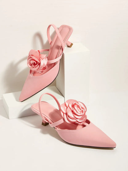 INSIGHTLINK Pink Women's Pointy Toe Kitten Heels Slingback Pumps Elegant Satin Sandal Rose Flower Office Shoes Luxury Stilettos