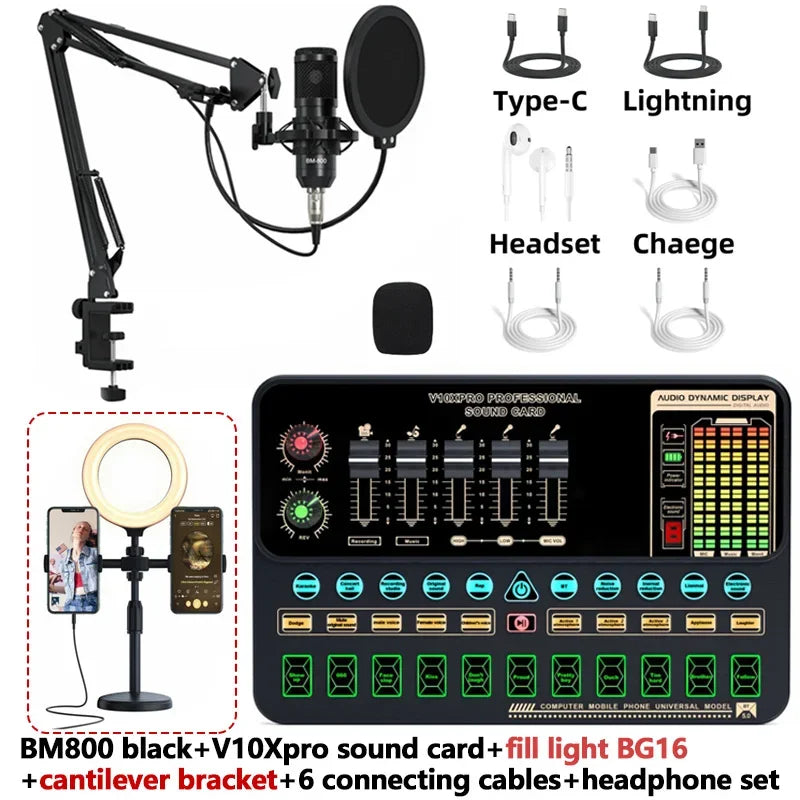 V10XPro Sound Card Studio Mixer Singing Noise Reduction Microphone Voice BM800 Live Broadcast Phone Computer Record V10X Pro set