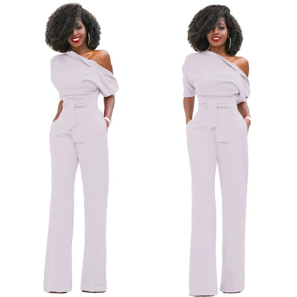 2024 Summer New Fashion Women's Jumpsuit Solid Color Slanted Shoulder Elegant Temperament Sleeveless Long Wide Leg Jumpsuit