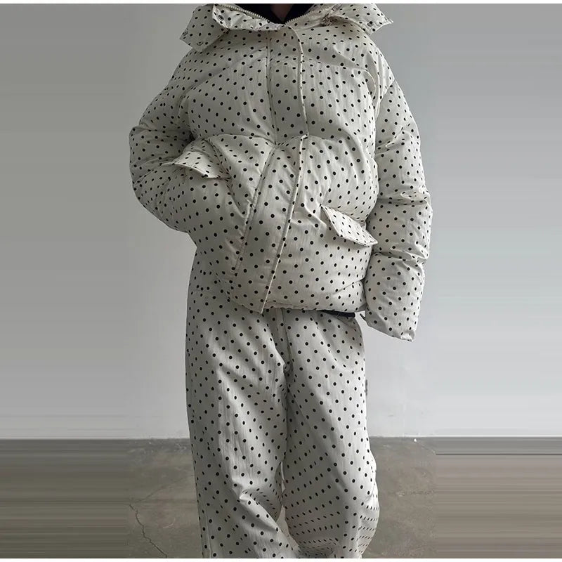 Polka Dots Hooded Cotton Coats Trousers Set 2026 Winter Loose Zippers Drawstring Jacket Elastic Waist Pants Women's Warm Outfits
