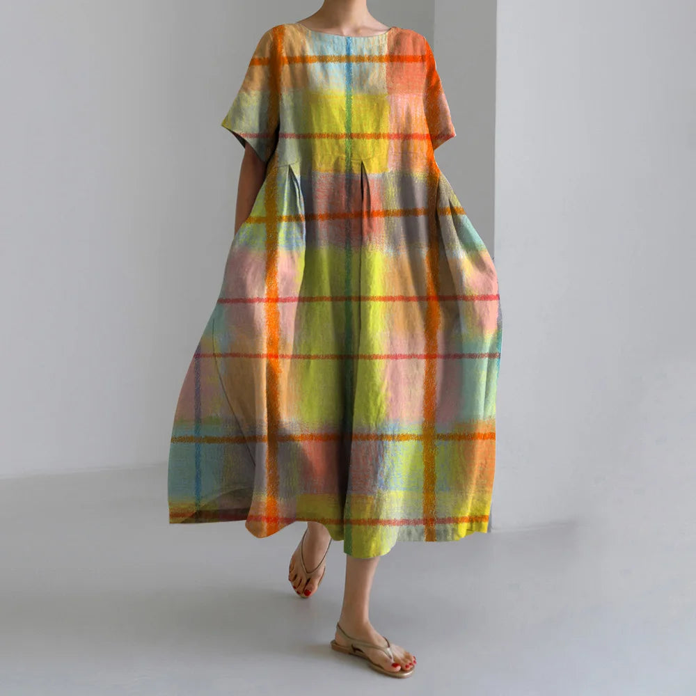 Holiday Casual Striped Printed Dresses Summer Women's Round Neck Short Sleeve Dresses Plus Size Pockets Elegant Party Dresses