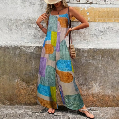 2026 Summer Women's Sleeveless Jumpsuit – Color Block Geometric Print, Spaghetti Strap, Wide-Leg Loose Vacation Romper