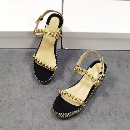 Rivet Platform Women Sandals Chunky Thick High Heels 5CM Waterproof Open Round Toe Golden Patchwork Summer Luxury Fashion Style