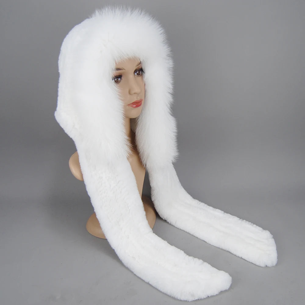 Lady Warm Fluffy Real Rex Rabbit Fur Hat Scarf Luxury Knit Fur Caps Muffler Winter Thick Women 100% Natural Fox Fur Hat Scarves