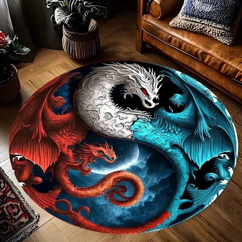 Dragon Yin Yang Mat for Decor, Harmony Design Flannel Carpet, Non-Slip Round Rug for Bedroom Study Living Room Meditation Space