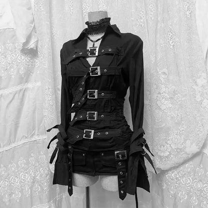 Dark Y2K subculture black shirt women's gothic high street metal buckle belt long sleeved slim fit top spicy girl Korean punk sh