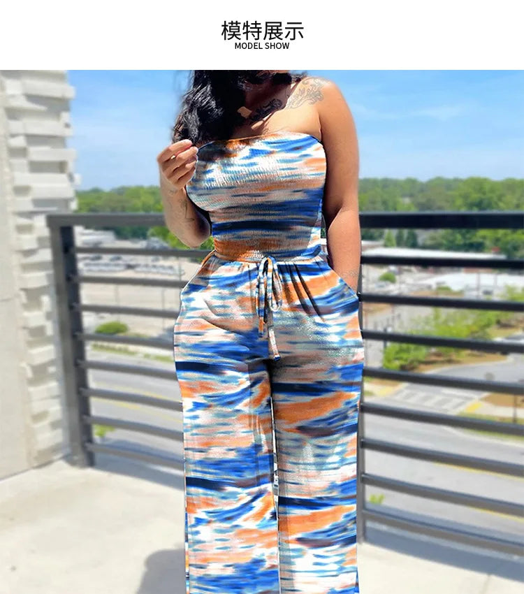Women's Sexy Strapless One Piece Printed Pants Summer Fashion Lace Up High Waisted Slim Sleeveless Female Beach Holiday Jumpsuit