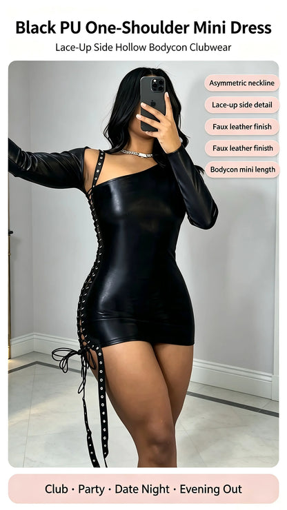 Sexy Black One-Shoulder Strap Dress with Long Sleeve And Bodycon Skirt for Women Fashionable Trendy Mini Dress