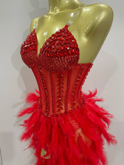 Sparkly Rhinestones Feathers Long Tail Bodysuits Sexy Mesh Transparent Stage Dress Evening Party Celebrate Luxury Birthday Dress