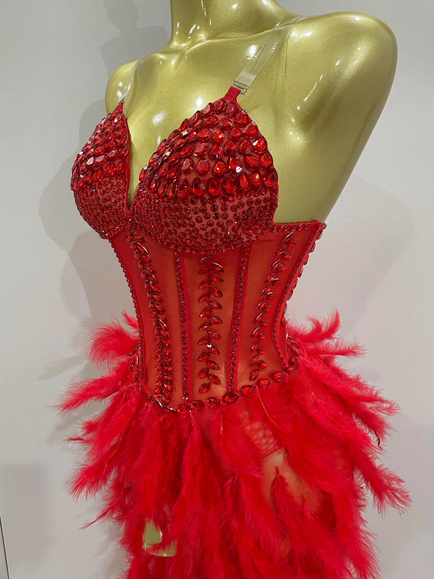 Luxury Sparkly Rhinestones Feathers Long Tail Dress Sexy Mesh Transparent Stage Bodysuit Evening Party Celebrate Birthday Dress