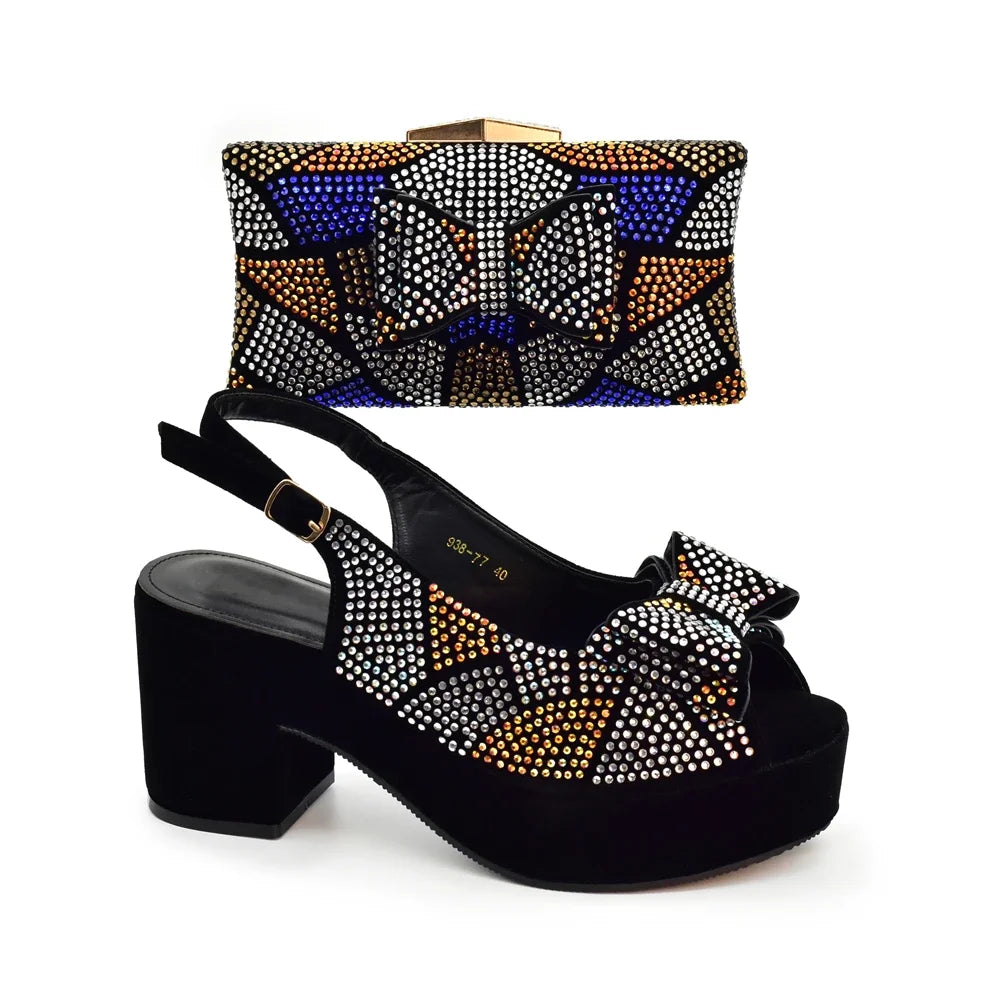 Nigeria Ladies Shoe and Bag Set Decorated with Rhinestone Block Heel Comfortable Platform Pumps Luxury Designer Shoes Women