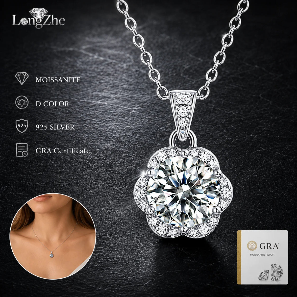 S925 Silver Moissanite Pendant Necklace 2CT Round Cut Flower Halo Design for Women Bridal Party Birthday Jewelry Gift