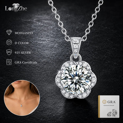 S925 Silver Moissanite Pendant Necklace 2CT Round Cut Flower Halo Design for Women Bridal Party Birthday Jewelry Gift