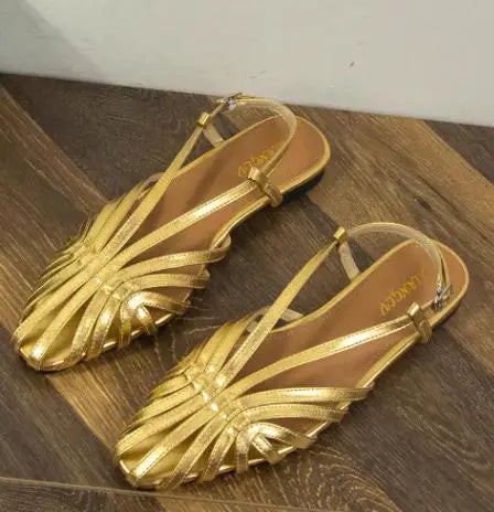 Women Plus Size Flat Gladiator Sandals Summer Sexy Luxury Gold Narrow Band Hollow Out Designer Brand Party Dress Shoes Sandalias