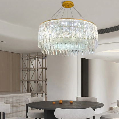 Luxury Crystal Long Pendant Lights Modern Lustres LED Chrome Hanging Lamps for Ceiling Silver Home Decor for Dining Room Remote