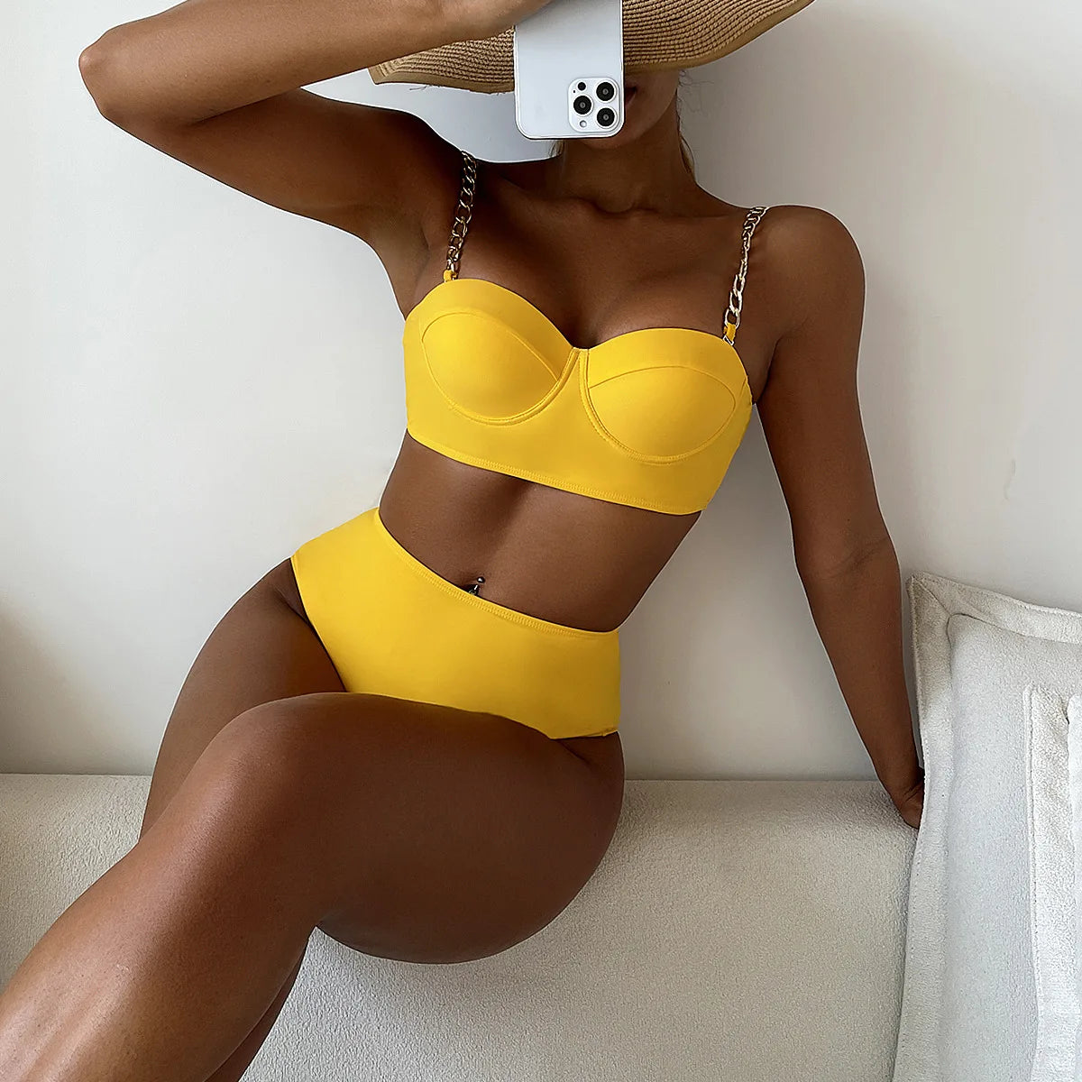 Push Up Bikini Hard Wrap Top Underwire Chain Shoulder Straps High Waist Bottom Swimwear Women Solid Swimming Beach Bathing Suit
