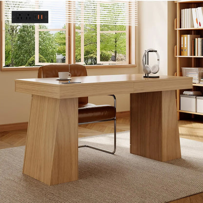 55 Inch Executive Desk With Power Outlets, USB A/C, Hidden Cabinet, Modern Home Office Computer Table, 3 Finishes, 400LB MDF Top