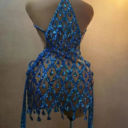 Sparkly Blue Crystals Sequins Sexy Mesh Transparent Halter Dress for Women Party Birthday Dress Singer Dancer Stage Wear