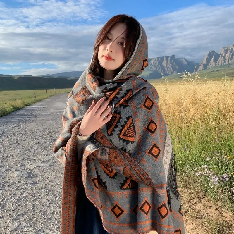 GypsyLady Bohemian Vintage Chic Cloaks Capes Hooded Blue Women Autumn Warm Knitted Ethnic Capes Tassels Cloak Poncho Outwear New